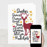 Tarjeta Festiva Navidades de nombres de renos de guion negro diver<br><div class="desc">Fun Black Script Santa Reindeer Nombre Navidades Tarjeta de vacaciones. ¿Cuántos renos tiene Santa Claus y cómo se llama? Envíe sus cálidos deseos y saludos de vacaciones a sus seres queridos con esta linda y divertida tarjeta de vacaciones. ¡Deséenles a todos unas Felices Fiestas y un Amazonas Año Nuevo!</div>