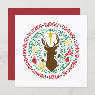 Tarjeta Festiva Navidades de nombres de renos de guion rojo divert