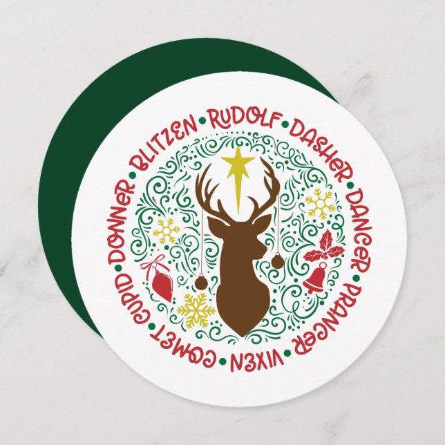 Tarjeta Festiva Navidades de nombres de renos de guion rojo divert (Anverso / Reverso)