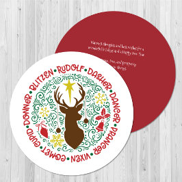 Tarjeta Festiva Navidades de nombres de renos de guion rojo divert