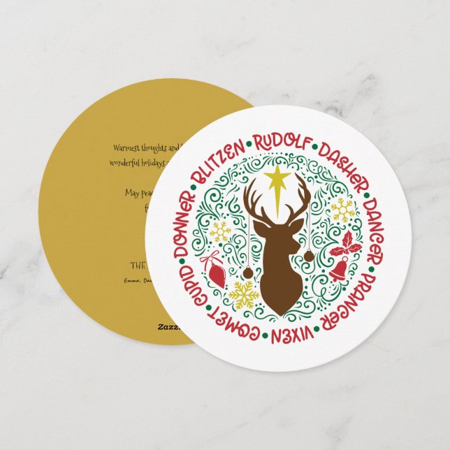 Tarjeta Festiva Navidades de nombres de renos de guion rojo divert (Anverso / Reverso)
