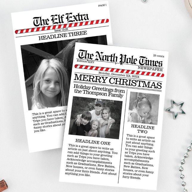 Tarjeta Festiva Navidades de noticias del Polo Norte multifoto cor (Christmas whimsical cute photo card with a fun Newspaper Style. A three-photo template card. )