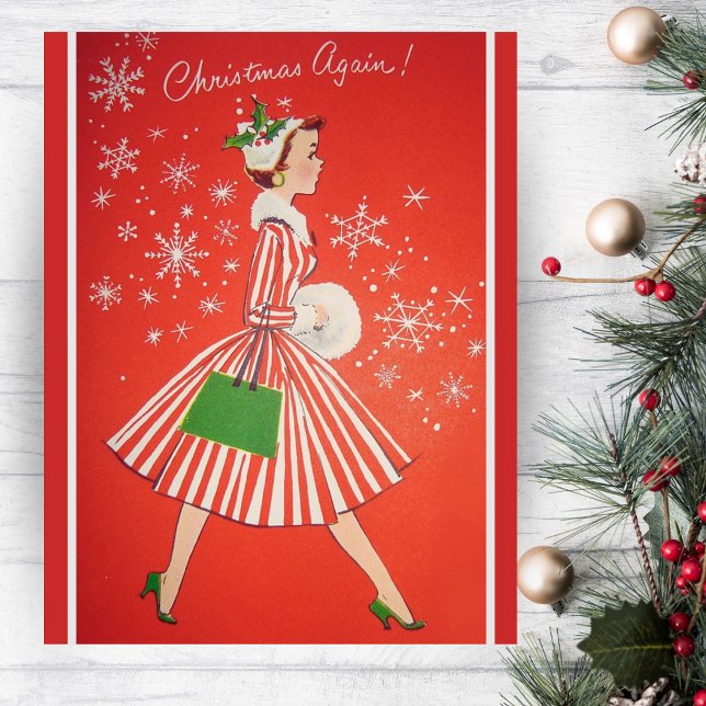 Tarjeta Festiva Navidades de nuevo la Personalizado de la moda de  (Christmas Again 1950s Fashion Lady Custom Holiday Card. Add a special message and your name!)