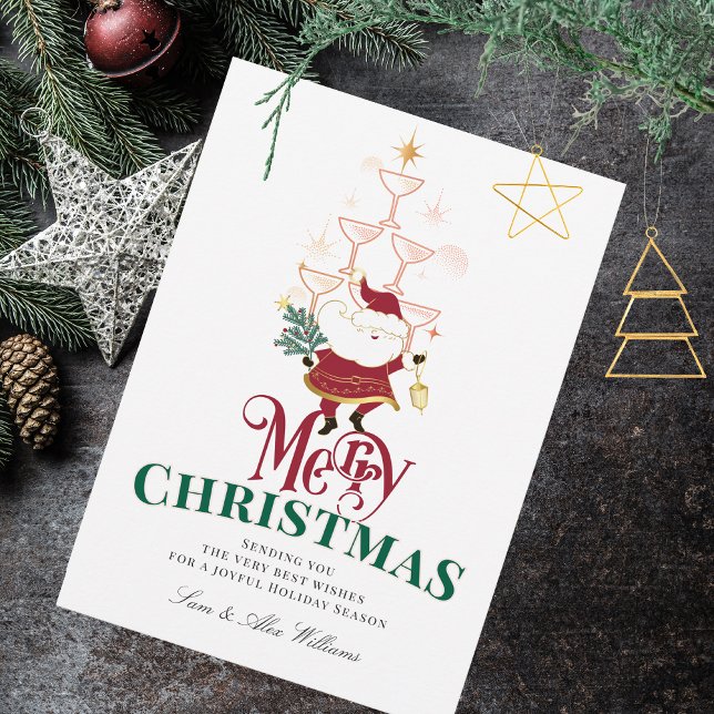Tarjeta Festiva Navidades de oficina de Tini Bit Merry Martini San (Tini Bit Merry Martini Office Christmas Santa Festive Champagne Tower No Photo Holiday Card)