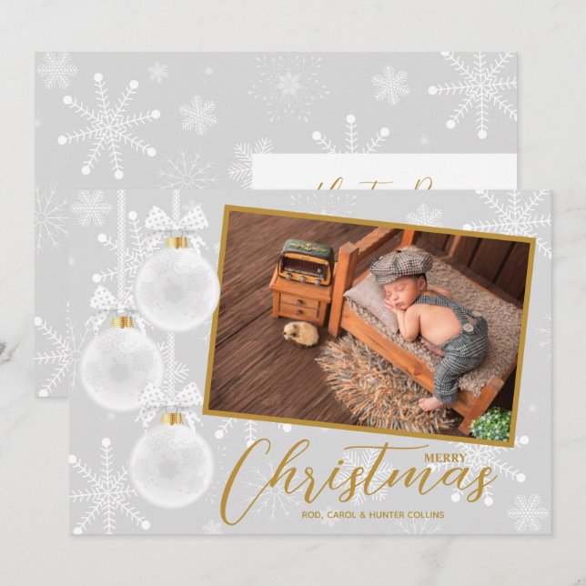 Tarjeta Festiva Navidades de ornamentos de copo de nieve blanco (Anverso / Reverso)