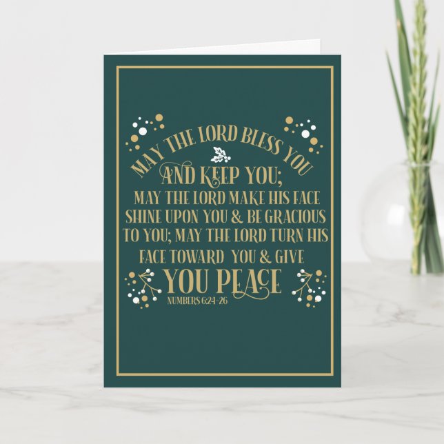Tarjeta Festiva Navidades de oro bendiciendo números 6:24-26 verde (Anverso)