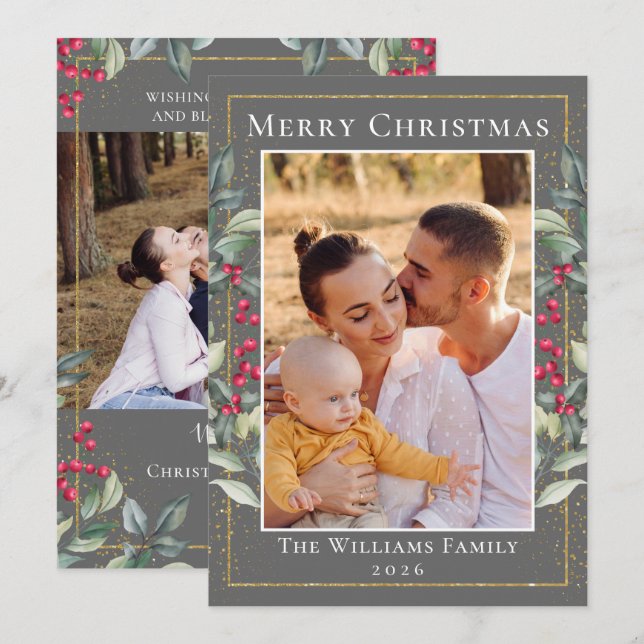 Tarjeta Festiva Navidades de oro célebres Holly Berries 2 Foto (Anverso / Reverso)