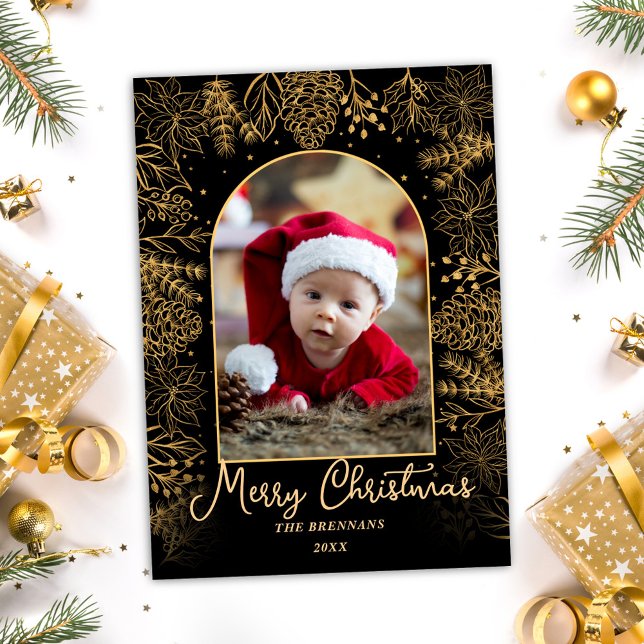 Tarjeta Festiva Navidades de oro Foto Elegante guión festivo (Gold Christmas Photo Elegant Festive Script Holiday Card)