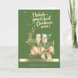 Tarjeta Festiva Navidades de oro venado, bolas, vidrio de vino, ba