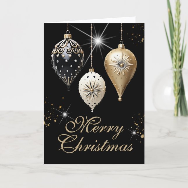 Tarjeta Festiva Navidades de Oro y Ornamentos Blancos Ebony (Anverso)
