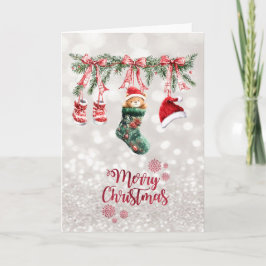 Tarjeta Festiva Navidades de oso bebé de Santa Clothesline Bokeh