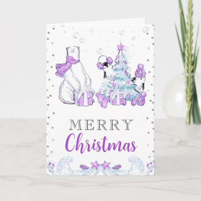 Tarjeta Festiva Navidades de oso polar y pingüinos amigos de invie (Anverso)