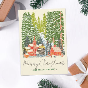 Tarjeta Festiva Navidades de Outdoorsy Mountain Town Linocut