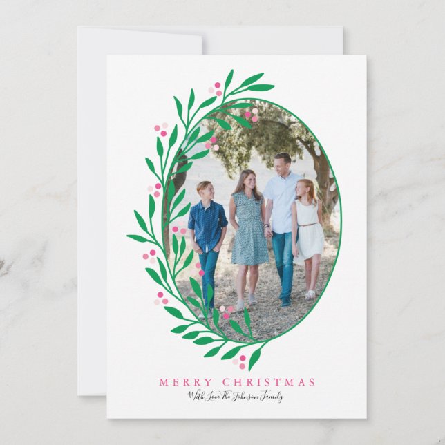 Tarjeta Festiva Navidades de óvalo rosado preppy con foto navideña (Anverso)