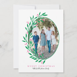 Tarjeta Festiva Navidades de óvalo rosado preppy con foto navideña