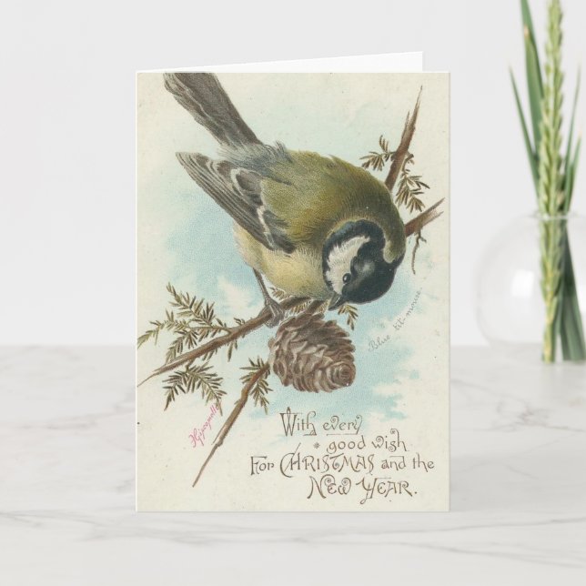 Tarjeta Festiva Navidades de pájaros de época y Año Nuevo (Anverso)