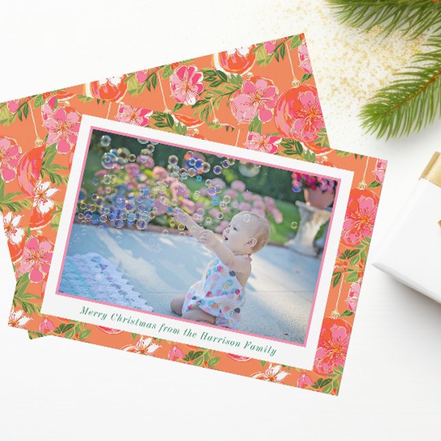 Tarjeta Festiva Navidades de Palm Beach con ornamentos rosados y N (Subido por el creador)
