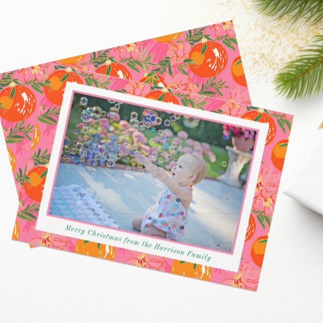 Tarjeta Festiva Navidades de Palm Beach con ornamentos rosados y N (Subido por el creador)