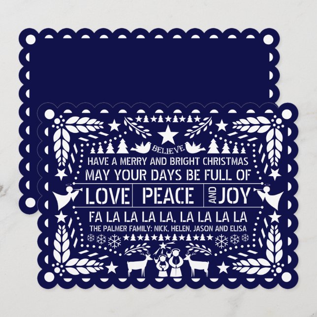 Tarjeta Festiva Navidades de papel de picado de azul marino Love P (Anverso / Reverso)
