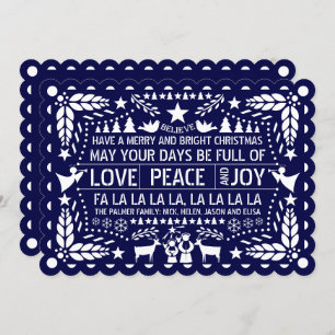 Tarjeta Festiva Navidades de papel de picado de azul marino Love P
