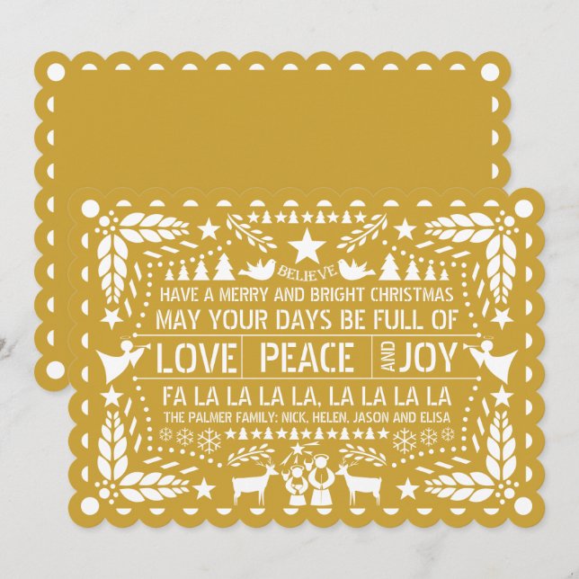 Tarjeta Festiva Navidades de papel de picado de Gold Love Peace Jo (Anverso / Reverso)