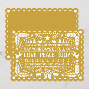 Tarjeta Festiva Navidades de papel de picado de Gold Love Peace Jo
