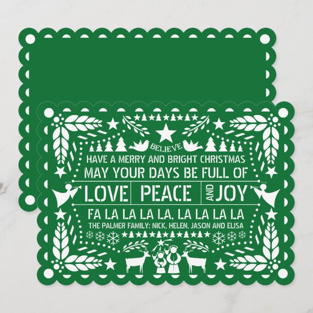 Tarjeta Festiva Navidades de papel de picado de Green Love Peace J (Anverso / Reverso)