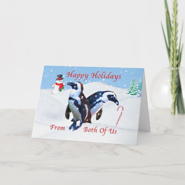 Tarjeta Festiva Navidades, de pareja, pingüinos en nieve (Anverso)