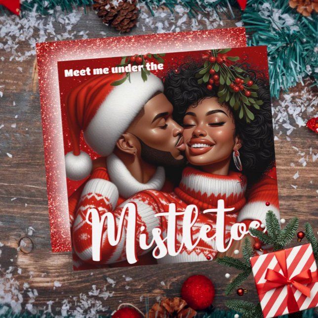 Tarjeta Festiva Navidades de parejas afroamericanas besan a Mistle (African American Couple Christmas Mistletoe Kiss Holiday Card)