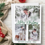 Tarjeta Festiva Navidades de parejas fotográficas Green 3<br><div class="desc">Moderna caligrafía de diversión Script Merry Christmas Couple Tarjeta de foto - 3 fotos - Guión verde</div>