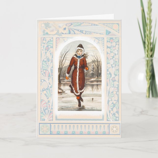 Tarjeta Festiva Navidades de patinaje sobre hielo (1865-1899) (Anverso)