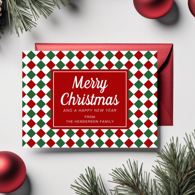 Tarjeta Festiva Navidades de patrones de controles rojos guión de  (Red Checks Pattern Christmas Script Photo Holiday Card)