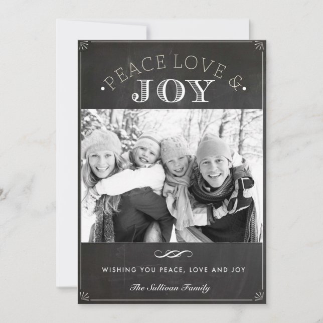 Tarjeta Festiva Navidades de Peace Love and Joy Faux Chalkboard Fo (Anverso)