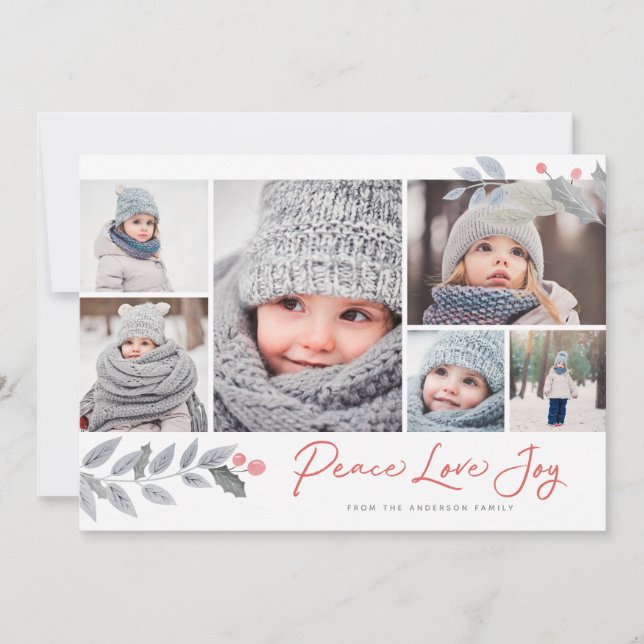 Tarjeta Festiva Navidades de Peace Love Joy Berry Collage de fotos (Anverso)