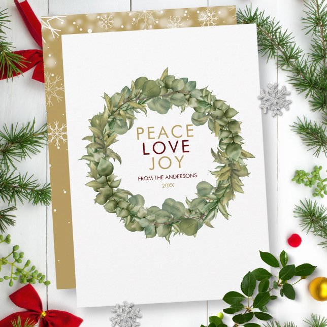 Tarjeta Festiva Navidades de Peace Love Joy Greenery Wreath (Peace Love Joy Greenery Wreath Christmas Holiday Card)