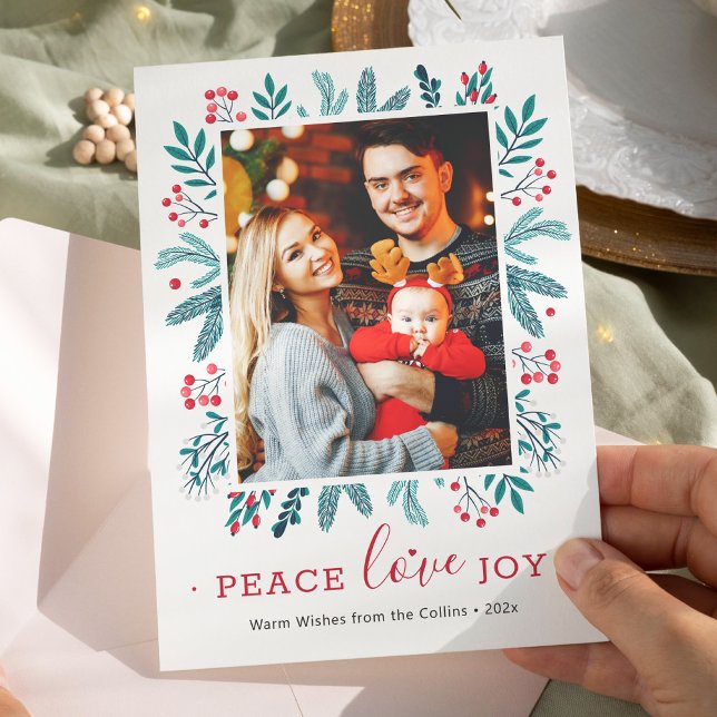 Tarjeta Festiva Navidades de Peace Love Joy y Holly Berries Foto (Subido por el creador)