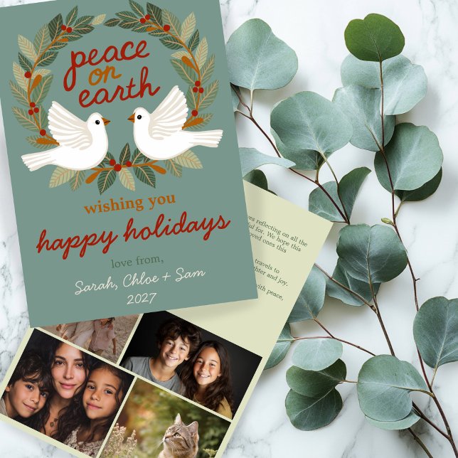 Tarjeta Festiva Navidades de Peace on Earth Doves PERSONALIZADO 4  (Peace on Earth Hand-Drawn Cute Doves Christmas Letter CUSTOM 4 PHOTO Collage Holiday Card
)