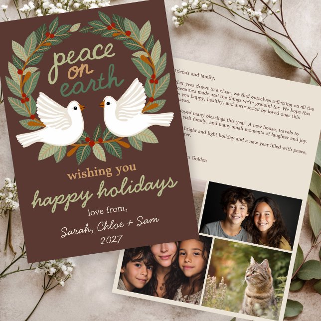 Tarjeta Festiva Navidades de Peace on Earth Doves PERSONALIZADO 4  (Peace on Earth Doves Christmas CUSTOM 4 PHOTO Holiday Card
)