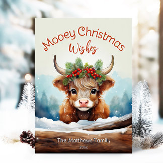 Tarjeta Festiva Navidades de Peeking Highland Cow Mooey