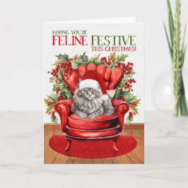 Tarjeta Festiva Navidades de pelo largo gris gato FELINE