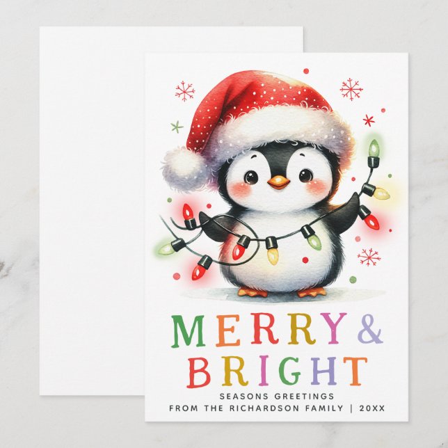 Tarjeta Festiva Navidades de Penguin Merry & Bright Cute (Anverso / Reverso)