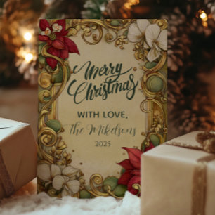 Tarjeta Festiva Navidades de pergamino de oro de Poinsettia