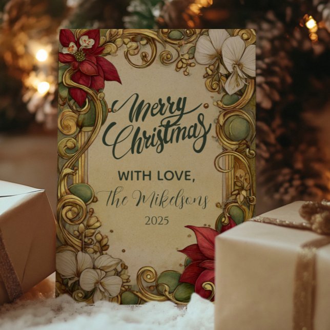 Tarjeta Festiva Navidades de pergamino de oro de Poinsettia (Subido por el creador)