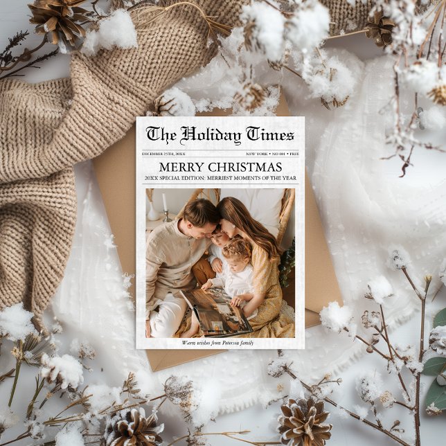 Tarjeta Festiva Navidades de periódicos Boletín 1 Foto Única (Newspaper Christmas Card Budget Unique Family Photo Newsletter | What a year | Year in review)