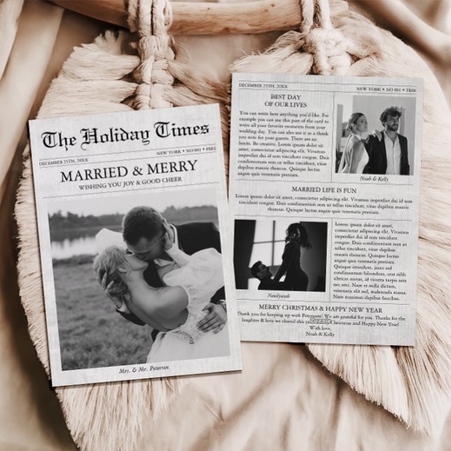 Tarjeta Festiva Navidades de periódicos merry y casados 3 fotos (Married & Merry Newlywed Christmas Card, Our first Christmas Married Newspaper Holiday Card)