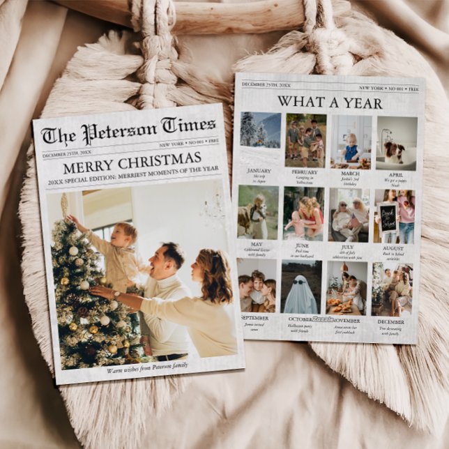 Tarjeta Festiva Navidades de periódicos revisan año tras año (Newspaper Christmas Card, What a Year, Year in Review, Family Newsletter, Photo Collage)