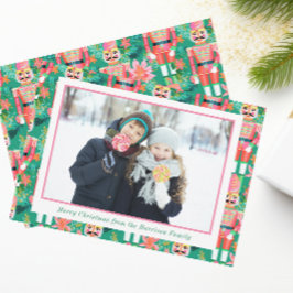 Tarjeta Festiva Navidades de perrito rosa y verde foto de un cazad