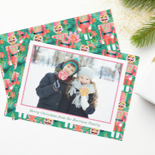 Tarjeta Festiva Navidades de perrito rosa y verde foto de un cazad
