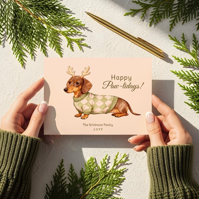 Tarjeta Festiva Navidades de perro de Dachshund revisan foto de su (Dachshund Dog Christmas Checkered Sweater Photo Holiday Card)