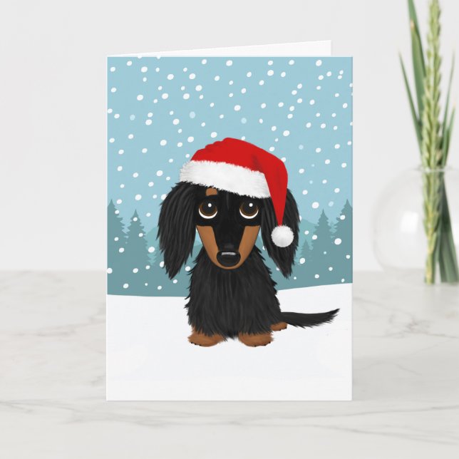 Tarjeta Festiva Navidades de perro de duchón negro y de pelo tan l (Anverso)